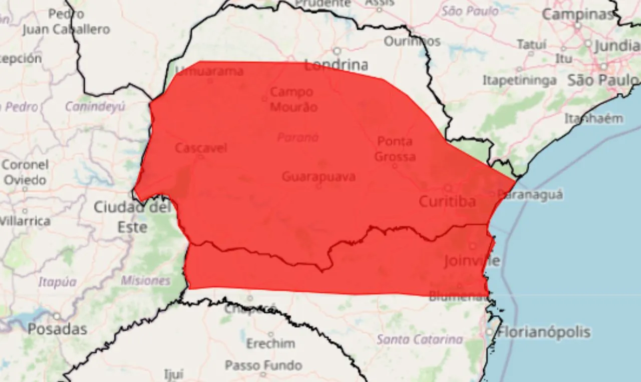a imagem mostra as áreas em alerta vermelho no PR e SC